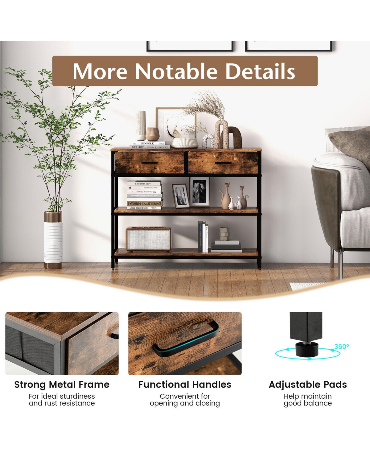 Sugift Console Table with Folding Fabric Drawers for Entryway-Rustic Brown
