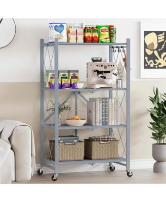 4-Tier Folding Storage Shelves Metal Folding Shelves with Wheels, 600Lbs Capacity, Grey