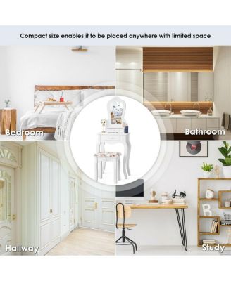 Makeup Dressing Table and Bench 3 Drawers and Cushioned Stool for Girls