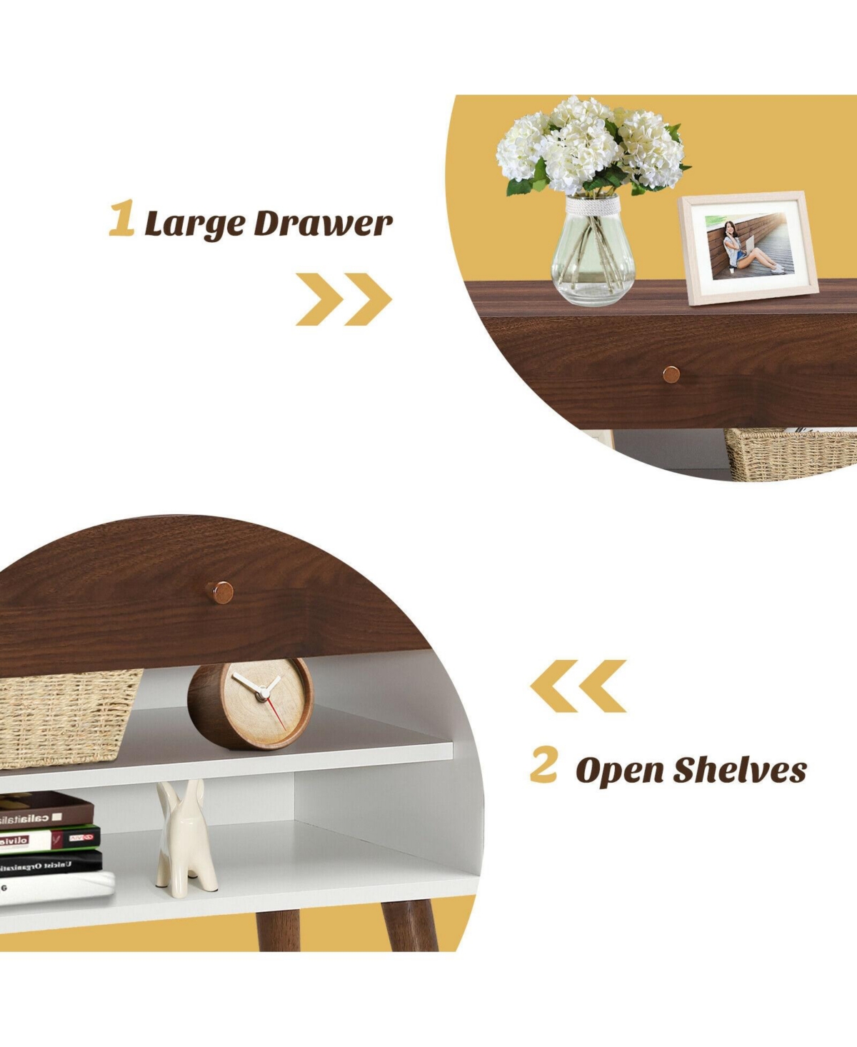 Sugift Mid-Century Nightstand with Drawer and Rubber Wood Legs