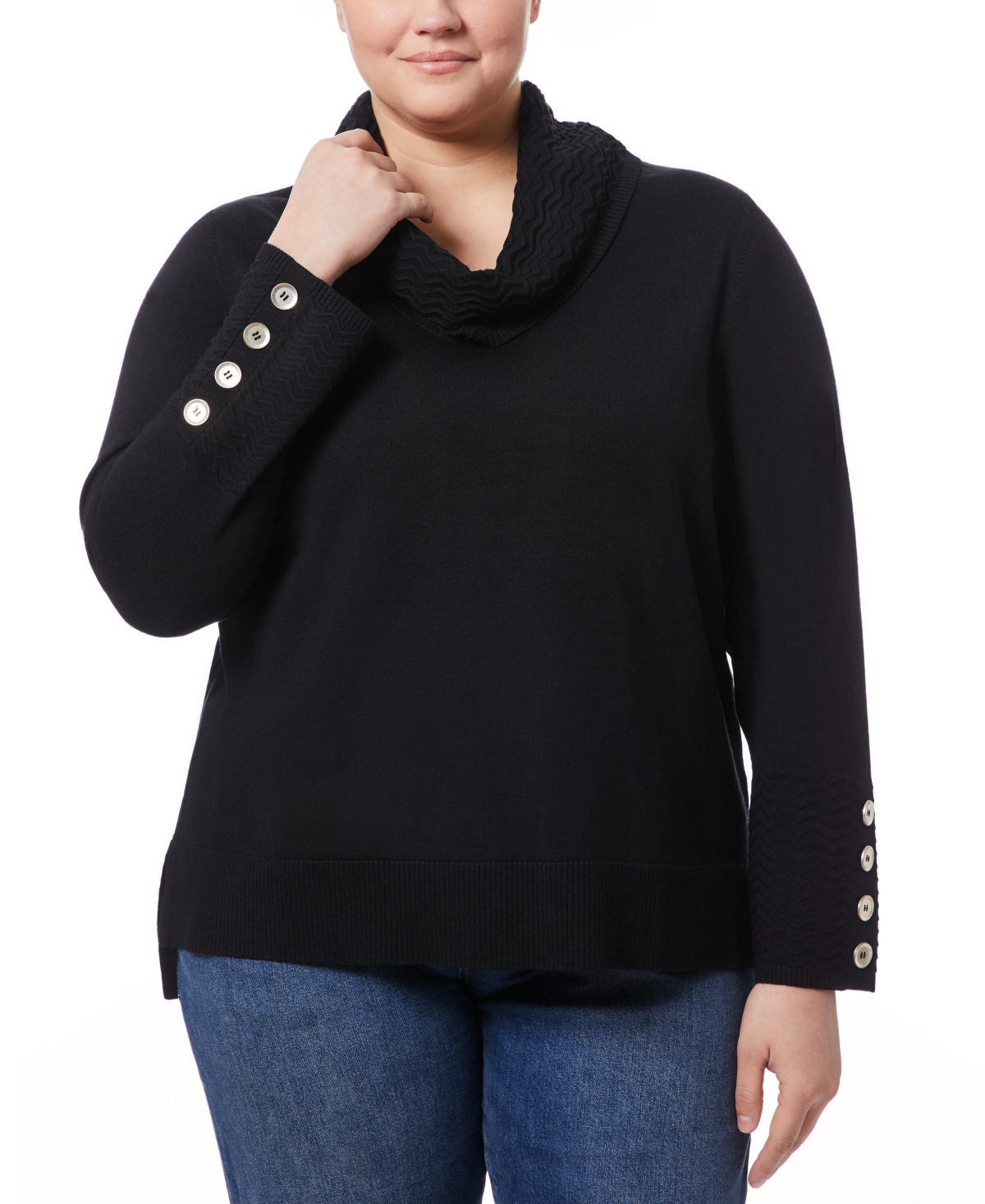 Melissa Paige Plus Size Ribbed-hem Cowl-neck Sweater In Jet Black