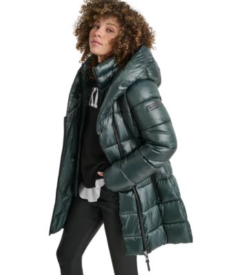Women's Bibbed Shawl-Collar Packable Shine Puffer Coat