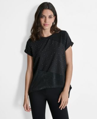 DKNY - Women's Paneled Studded Handkerchief-Hem T-Shirt