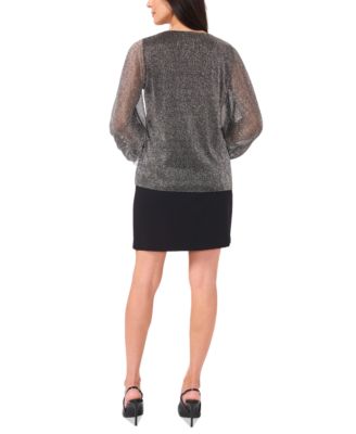 Women's Metallic V-Neck Sheer-Sleeve Top