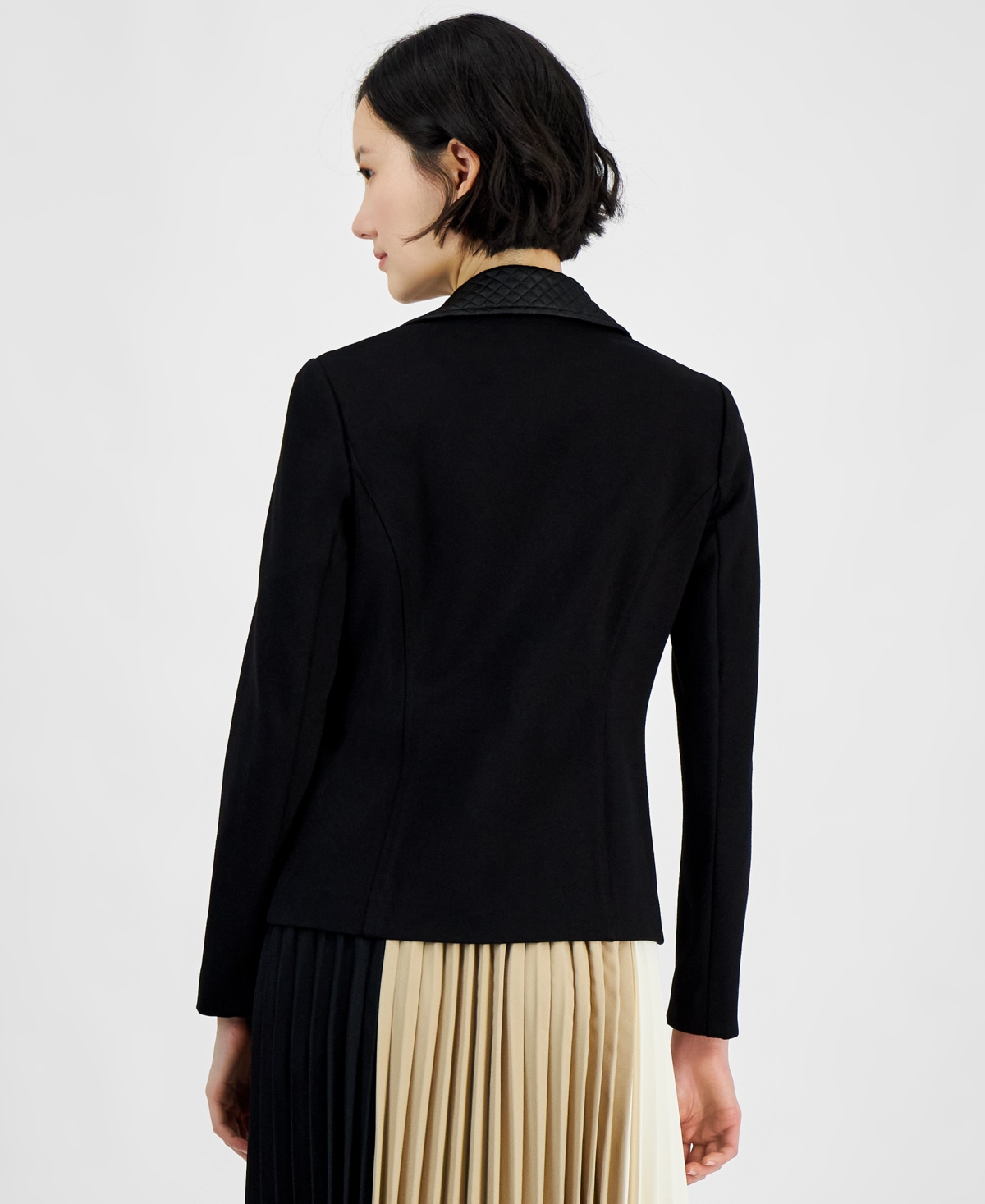 Anne Klein Petite Asymmetric-Zip Mixed-Media Moto Jacket