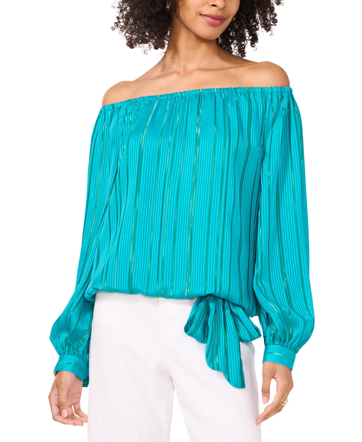 Shop Vince Camuto Women's Metallic-striped Off-the-shoulder Long-sleeve Tie-front Blouse In Cool Lapis