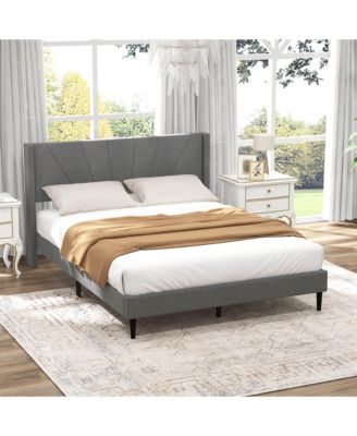Queen Bed Frame Modern Platform Bed with Linen Upholstered Wingback Headboard