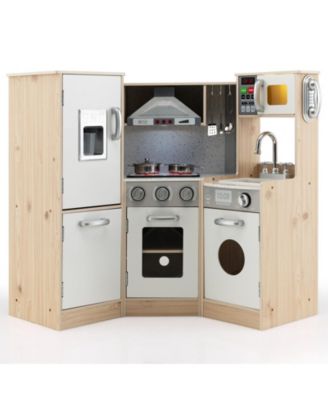 Kids Corner Wooden Kitchen Playset Pretend Cooking Toy w/ Cookware Accessories