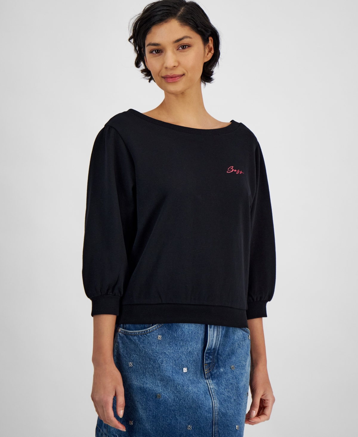 Women's Cotton Logo Boat-Neck 3/4-Sleeve Top - Black