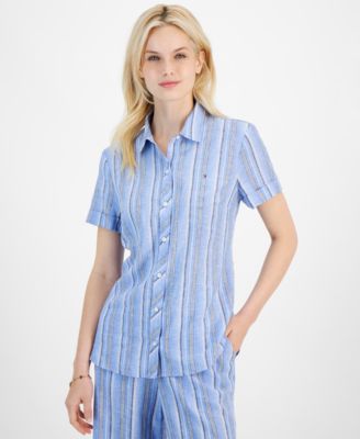 Tommy Hilfiger - Women's Linen-Blend Striped Short-Sleeve Shirt