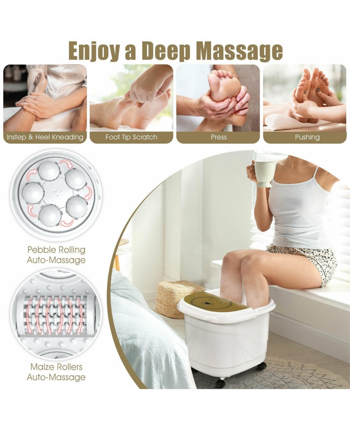 Skonyon Foot Spa Bath Massager with 3-Angle Shower and Motorized Rollers-Coffee