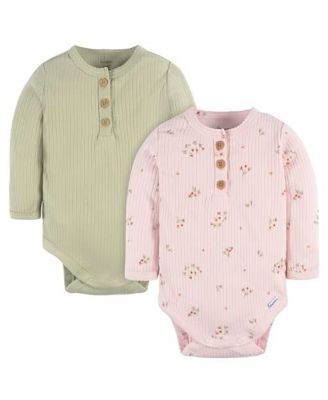 Baby Girls Henley Long Sleeve Bodysuits, 2-Pack