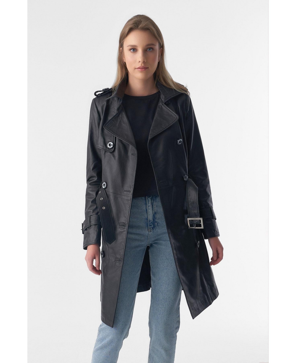 Furniq Uk Women's Genuine Leather Trench Coat,- Black