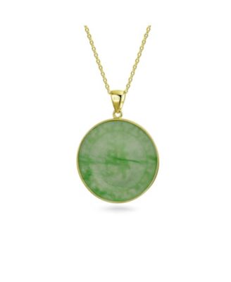Asian Style Framed Circle Round Medallion Good Fortune Fu Character Chinese Symbol Dyed Green Natural Jade Disc Pendant Necklace Gold Plated Sterling Silver