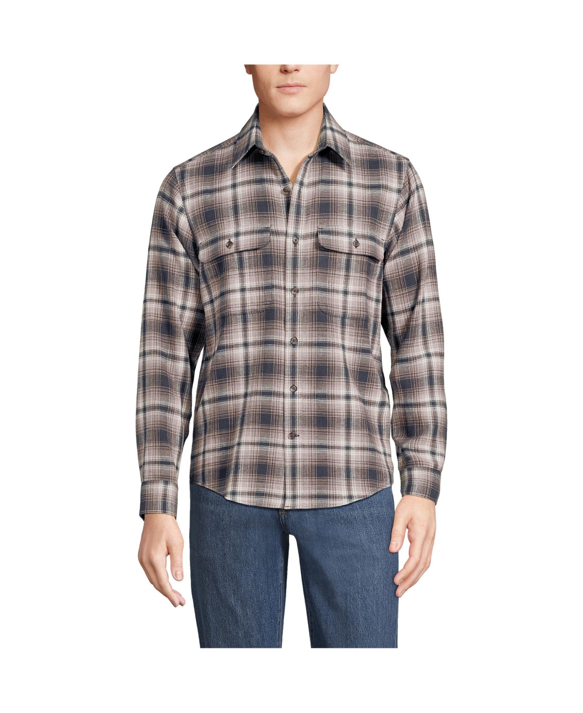 Men's Long Sleeve Woven Waffle Work Shirt - Evening blue/navy plaid