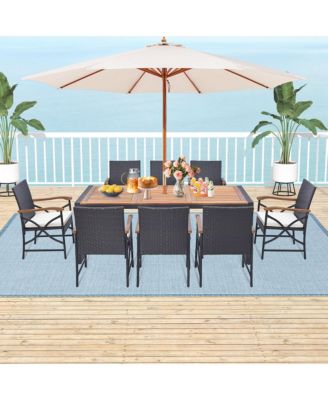 9 Pieces Patio Rattan Dining Set with Acacia Wood Table, 1.9" Umbrella Hole