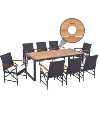 9 Pieces Patio Rattan Dining Set with Acacia Wood Table, 1.9" Umbrella Hole