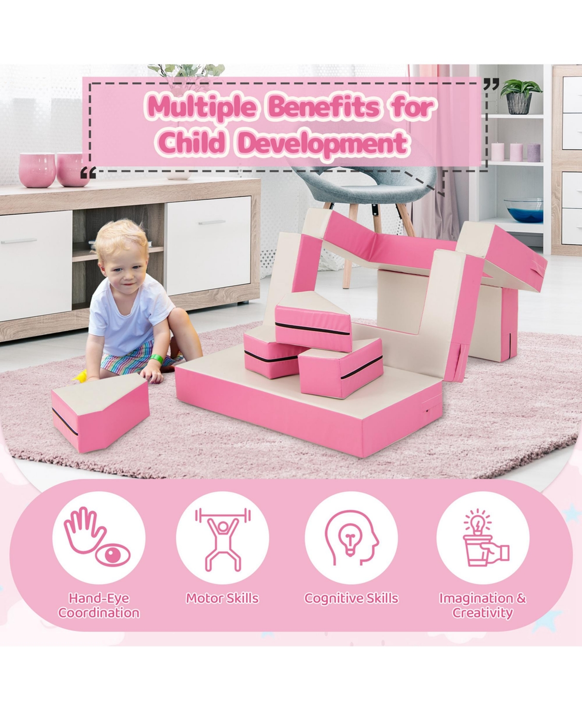 Costway Children Modular 6-Piece Combination Sofa Set with Pu Leather Cover for Playroom