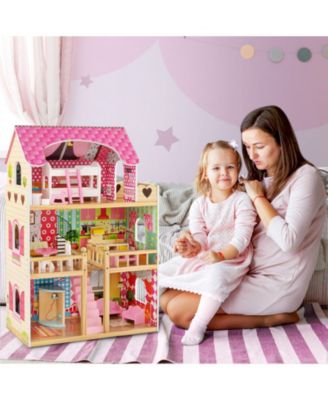 Doll House Playset with 3 Stories and 6 Simulated Rooms and 15 Pieces of Furniture