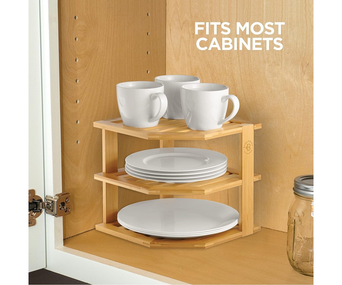 Bambusi Bambusi Plate Organizer for Cabinet - Bamboo Kitchen and Bathroom Organization - Ideal for Cabinet Space Saving, Corner Cabinet Organizer, Cou
