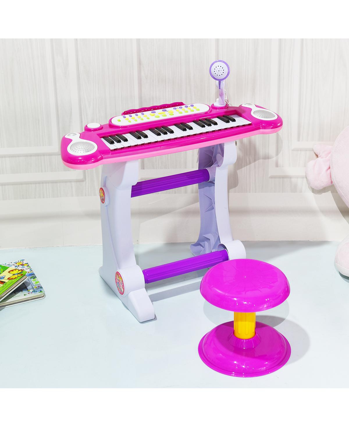 Gymax Kids Electronic Keyboard Piano MP3 Input 37 Key Microphone Stool Toy - Pink+red+white