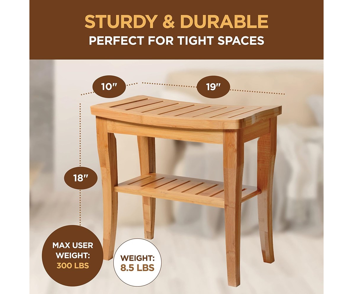 Bambusi Bamboo Shower Bench Spa Stool - Wood 2-Tier Seat, Foot Rest Shaving Stool with Non-Slip Feet + Storage Shelf - Seat Organizer for Bathroom Liv