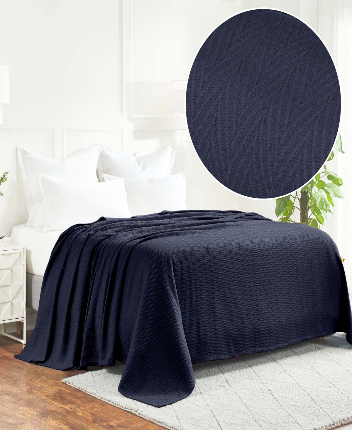 Superior Chevron All-season Cotton Blanket, Full/queen In Navy Blue