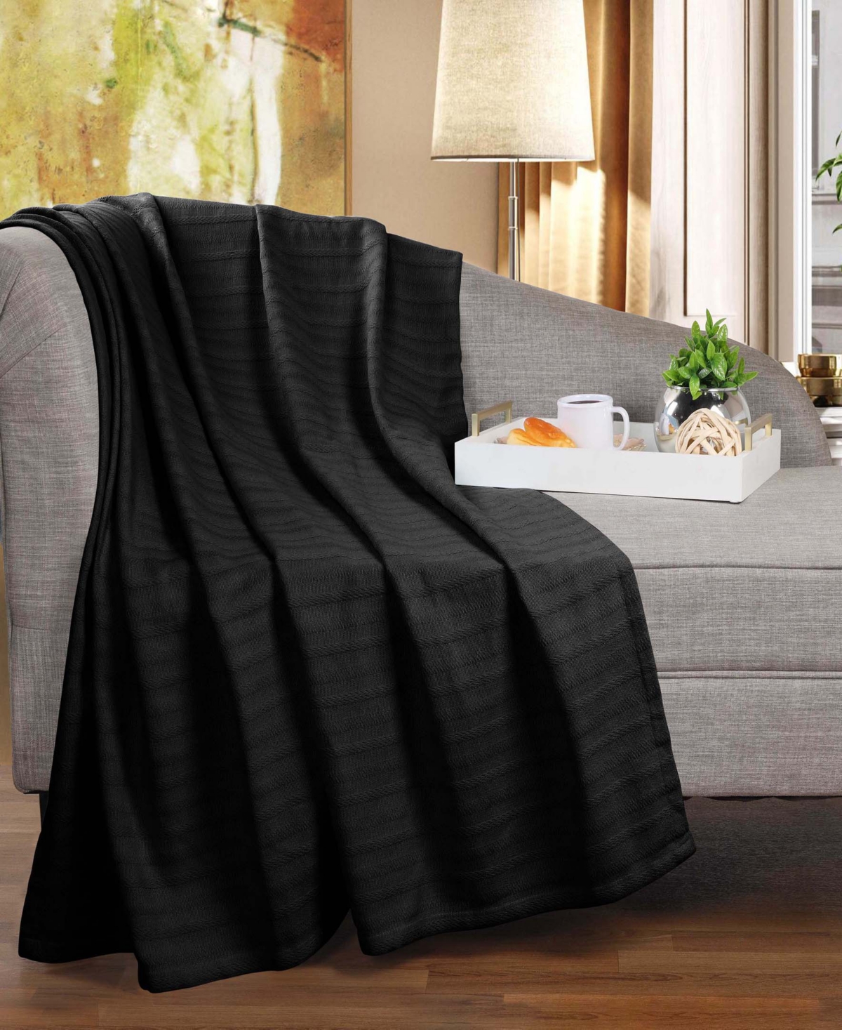 Superior Clara Cotton Textured Striped Lightweight Woven Throw, 50" X 60" In Black