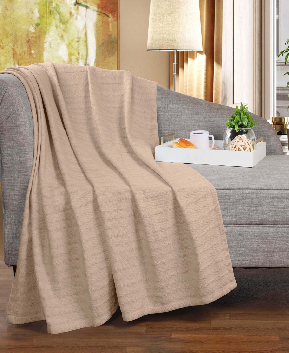 Superior Clara Cotton Textured Striped Lightweight Woven Throw, 50" X 60" In Khaki