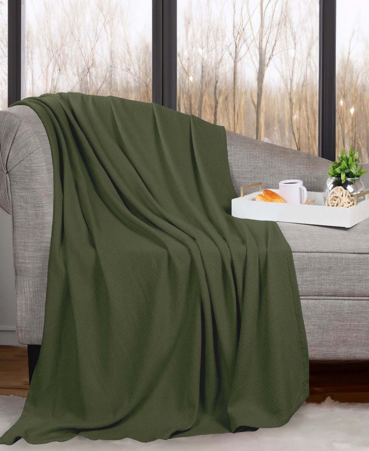 Superior Nobel Cotton Jacquard Dobby Weave Textured Chevron Lightweight Woven Throw, 50" X 60" In Forest Green