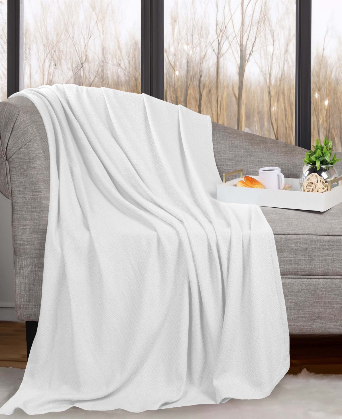 Superior Nobel Cotton Jacquard Dobby Weave Textured Chevron Lightweight Woven Throw, 50" X 60" In White