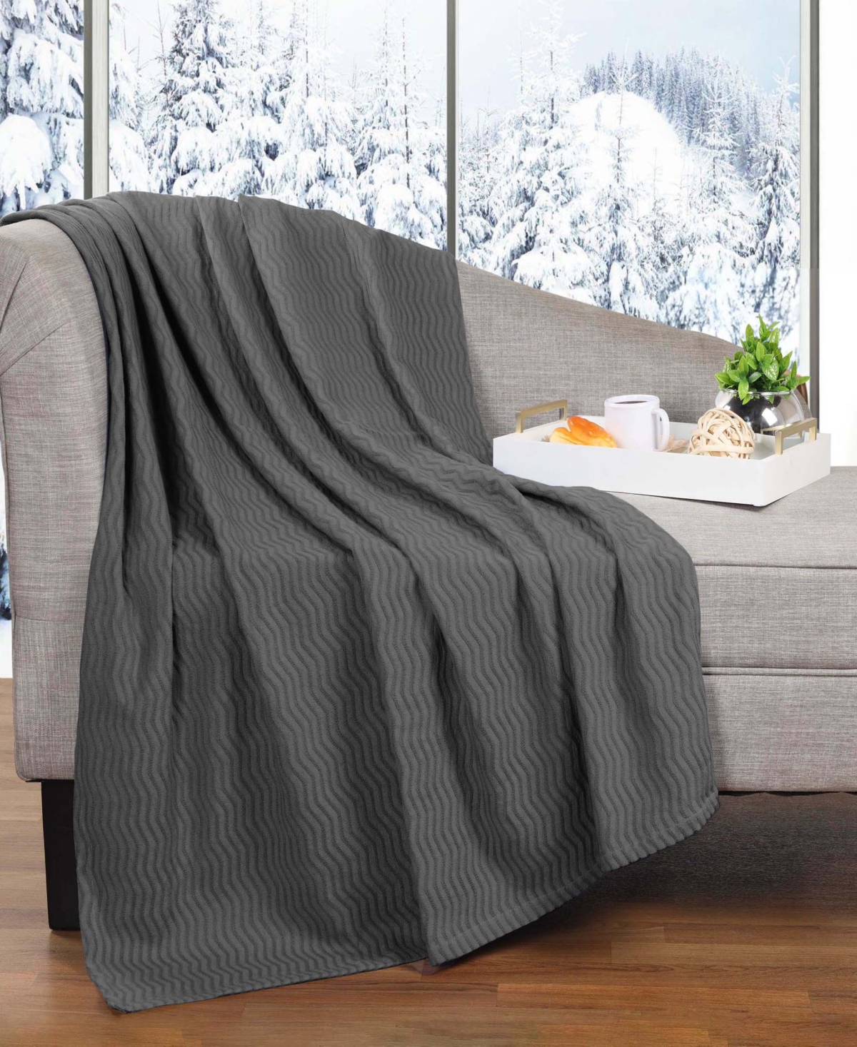Superior Jena Cotton Textured Chevron Lightweight Woven Throw, 50" X 60" In Charcoal