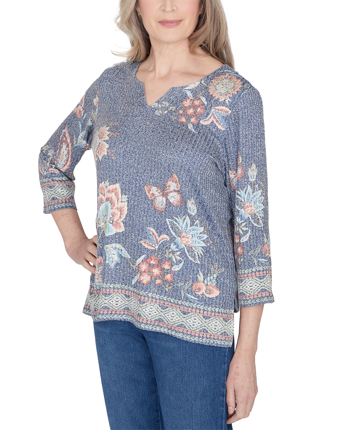 Alfred Dunner Scottsdale Women's Floral Border Split Neck Top In Navymul