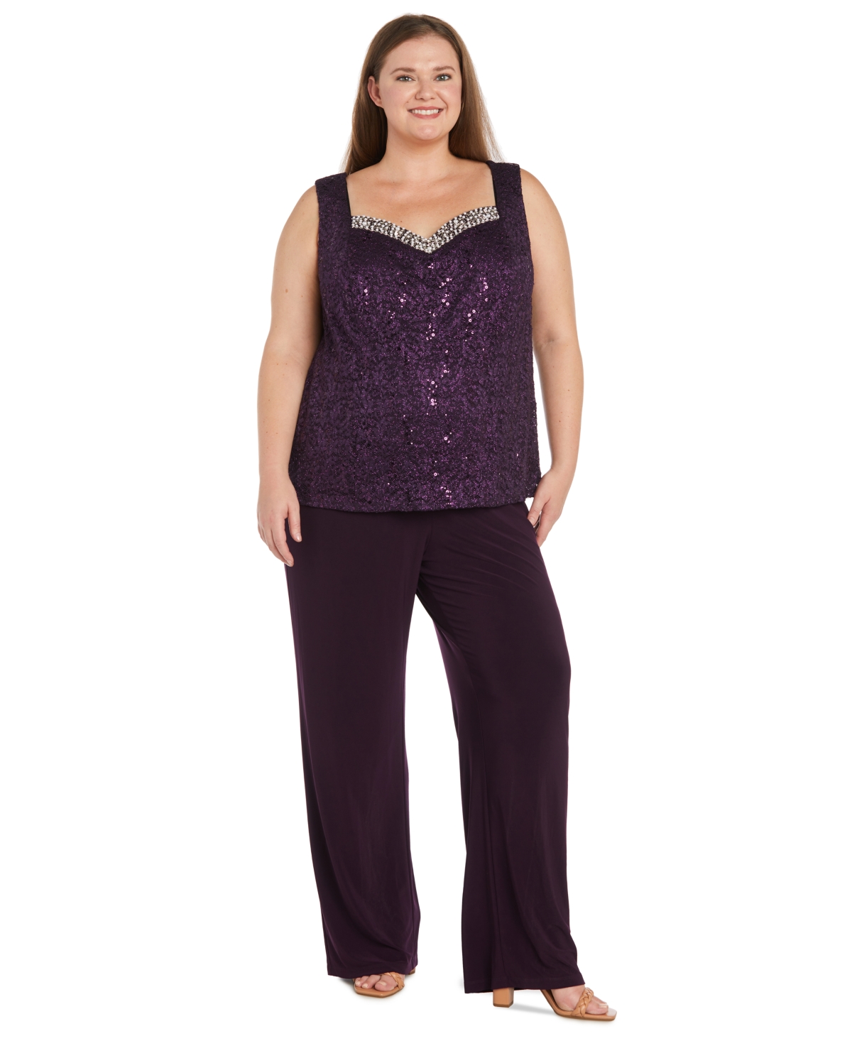 R & M Richards Plus Size Embellished Jacket, Sleeveless Top and Pants Set