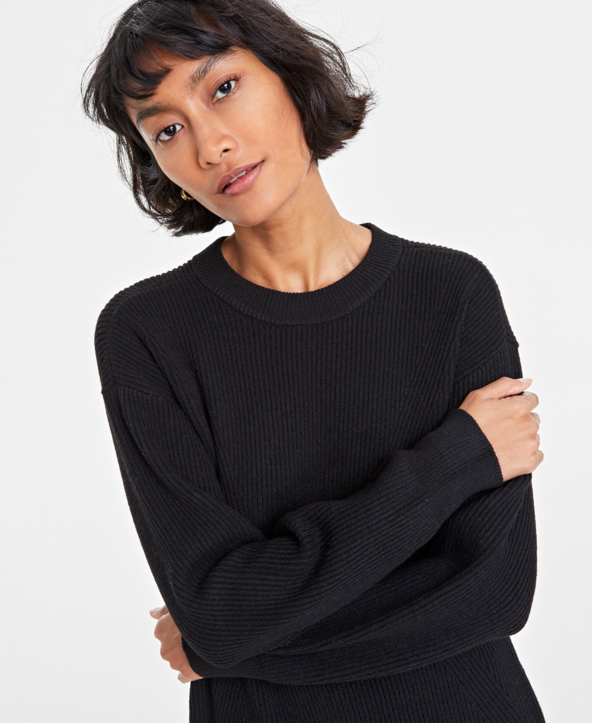 On 34th Women's Ribbed Crewneck Sweater Dress, Created For Macy's In Deep Black