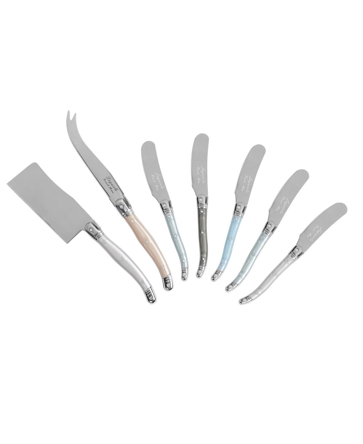 French Home Laguiole Cheese 7-piece Knife And Spreader Set With Mother Of Pearl Handles In Tan,blue,white