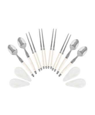 Faux Ivory Chopsticks, Laguiole Spoons and Ceramic Rests, Set of 4 Pairs