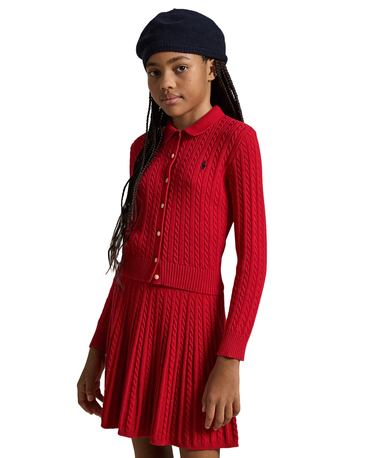 Polo Ralph Lauren Toddler and Little Girls Cotton Polo Cardigan Skirt Set - Rl2000 Red W/ Navy