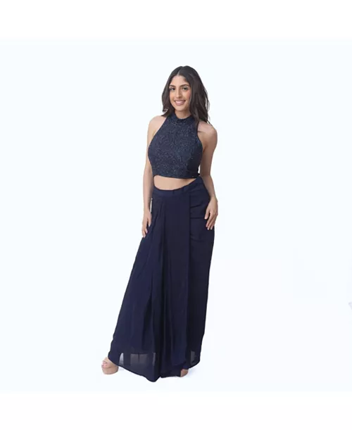 women's navy embellished halter crop top and draped skirt set