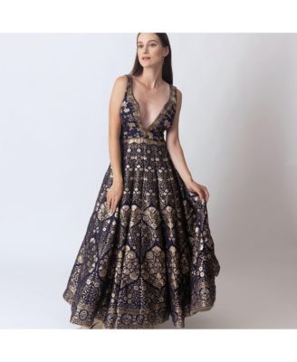 Women's Blue and Gold Brocade Gown