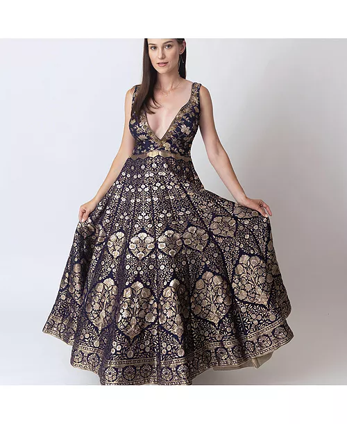 women's blue and gold brocade gown