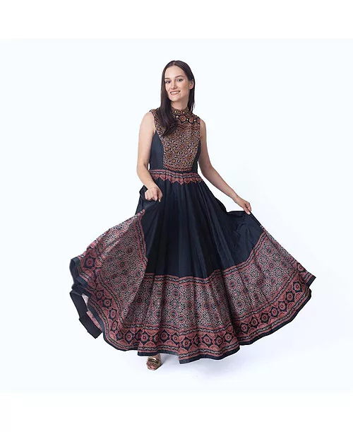 women's black gown with ajrakh print and hand embroidered torso
