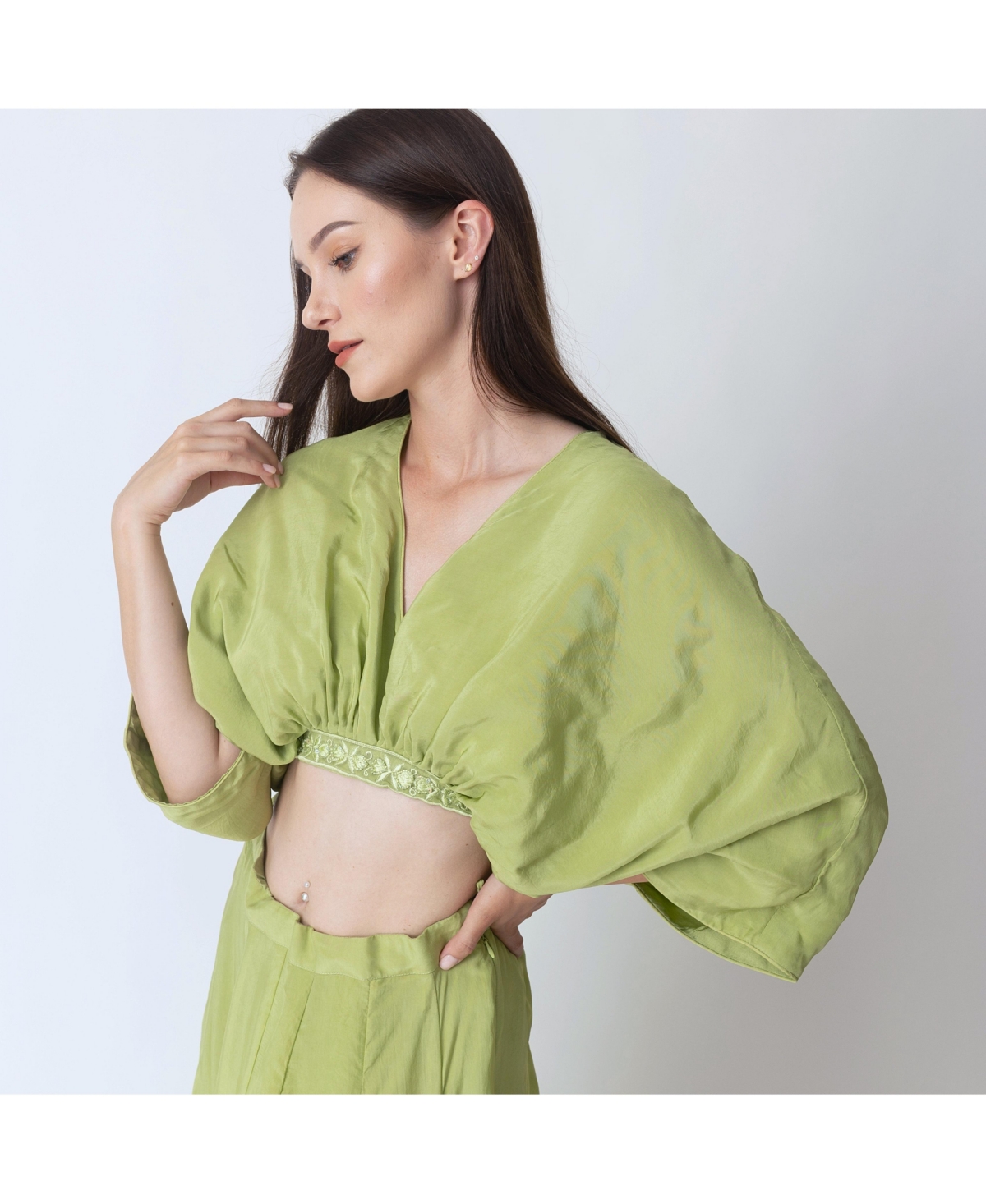 Raas Women's Green Silk Co-Ord Set with Flowing Skirt Slit and Crop Top Dolman Sleeves