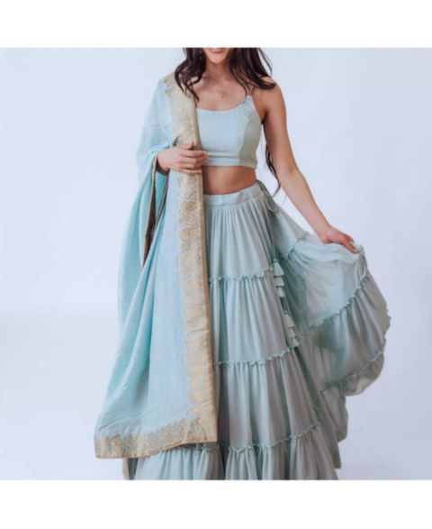 Женская юбка RAAS Shimmer Sky Blue Tiered Skirt with Blouse and Dupatta, цвет: Небесно-голубой