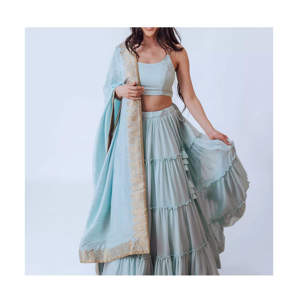 Women's Shimmer Sky Blue Tiered Skirt with Blouse and Dupatta - Sky blue