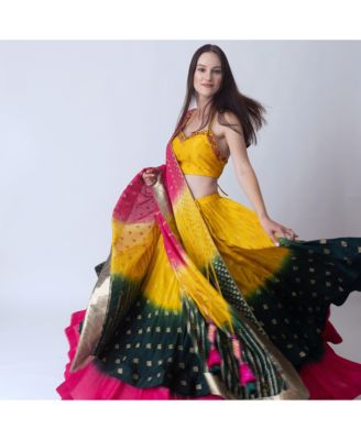 Women's Multicolor Lehenga Choli with Off Shoulder Blouse and Layered Lehenga