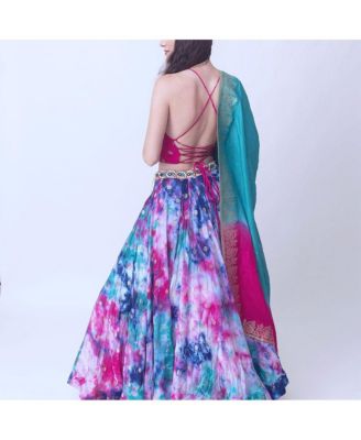 Women's Hand Tie Dyed Lehenga Choli Set with Heavy Mirror Work Blouse
