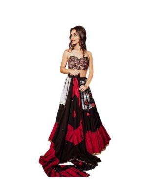 Women's Red and Black Tie Dye Tiered Full Flare Lehenga Choli Set