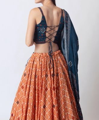 Women's Bandhani and Ajrakh Print Chaniya Choli with Mirror Work
