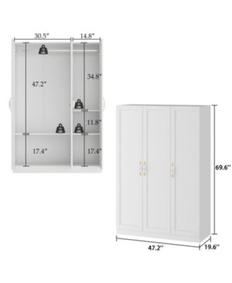 White 3-Doors Armoires Wardrobe with Hanging Rod and Storage Cubes